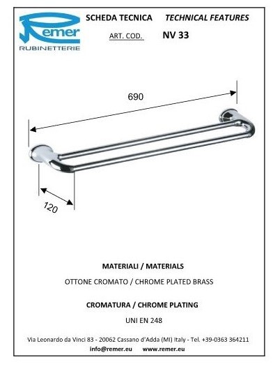Remer Двойной держатель для полотенца 600 мм Серия 900 NV33CR, цвет: хром Remer Двойной держатель для полотенца 600 мм Серия 900 NV33CR, цвет: хром