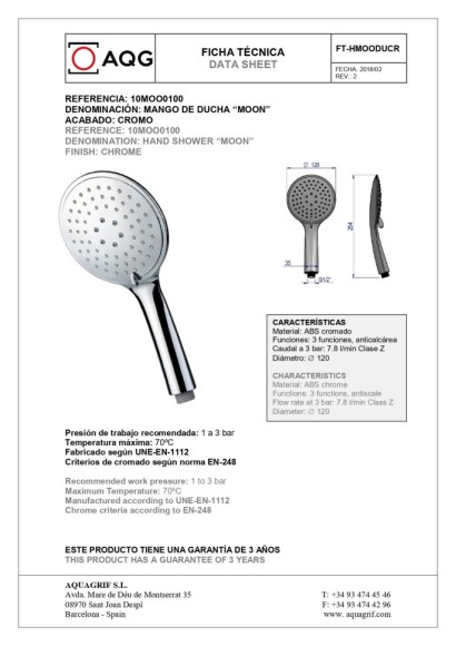 AQG Ручной душ цвет хром, хром арт. 10MOO0100