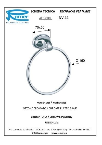 Remer Держатель для полотенца - кольцо 160 мм Серия 900 NV44CR, цвет: хром Remer Держатель для полотенца - кольцо 160 мм Серия 900 NV44CR, цвет: хром