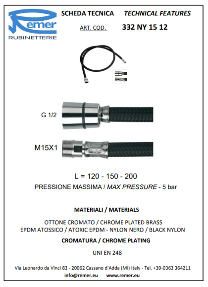 Remer Шланг для душа 150 см 332CNNY150, цвет: черный Remer Шланг для душа 150 см 332CNNY150, цвет: черный