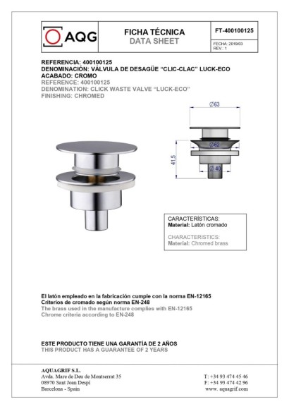 AQG Верхняя часть донного клапана click-clack, хром арт. 400100125