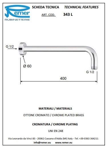 Remer Кронштейн для верхнего душа 400 мм 343L40BO, цвет: белый Remer Кронштейн для верхнего душа 400 мм 343L40BO, цвет: белый
