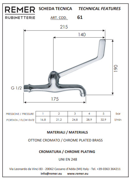 Remer Удлиненный водоразборный кран 61, цвет: хром