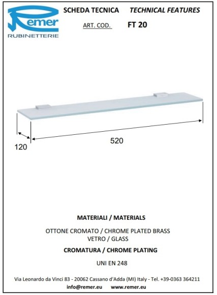 Remer Полка для ванной комнаты 520 мм Flat FT20CR, цвет: прозрачное стекло | хром Remer Полка для ванной комнаты 520 мм Flat FT20CR, цвет: прозрачное стекло | хром