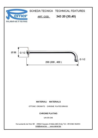 Remer Кронштейн для верхнего душа 400 мм 34340, цвет: хром