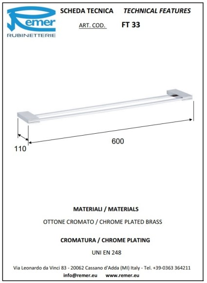 Remer Двойной держатель для полотенца 600 мм Flat FT33CR, цвет: хром Remer Двойной держатель для полотенца 600 мм Flat FT33CR, цвет: хром