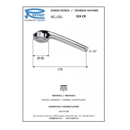 Remer Душевая лейка d50 мм 324CRX, цвет: хром Remer Душевая лейка d50 мм 324CRX, цвет: хром