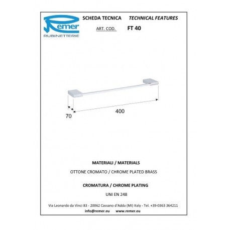 Remer Держатель для полотенца 400 мм Flat FT40CR, цвет: хром Remer Держатель для полотенца 400 мм Flat FT40CR, цвет: хром