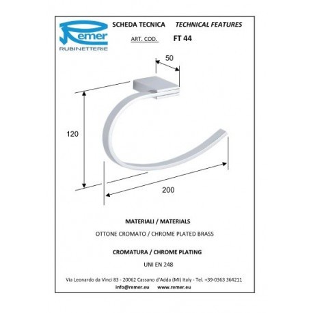 Remer Держатель для полотенца - кольцо 200 мм Flat FT44CR, цвет: хром Remer Держатель для полотенца - кольцо 200 мм Flat FT44CR, цвет: хром