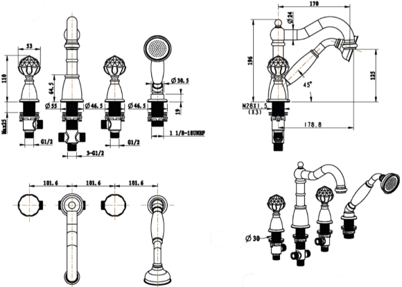 Boheme Смеситель на борт ванны золото Imperiale арт. 392