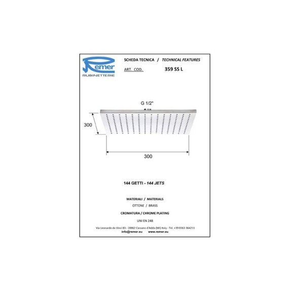 Remer Верхний душ 300*300 мм 359SSL цвет: хром Remer Верхний душ 300*300 мм 359SSL цвет: хром
