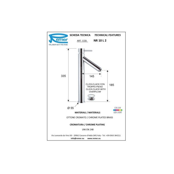 Remer Смеситель для раковины, цвет: хром NR10L2 светодиодный Серия Minimal Color Remer Смеситель для раковины, цвет: хром NR10L2 светодиодный Серия Minimal Color