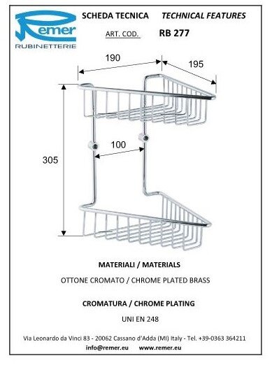 Remer Корзинка для душа двойная, угловая Universal RB277CR, цвет: хром Remer Корзинка для душа двойная, угловая Universal RB277CR, цвет: хром