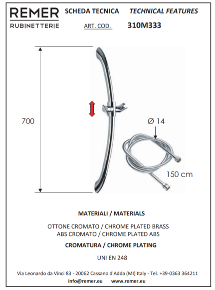 Remer Душевая штанга с шлангом Saliscendi - 310M333, цвет: хром