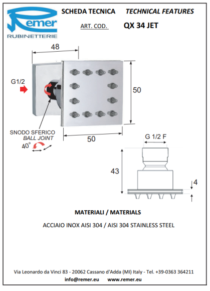 Remer Форсунка для душа QX34JET, цвет: хром