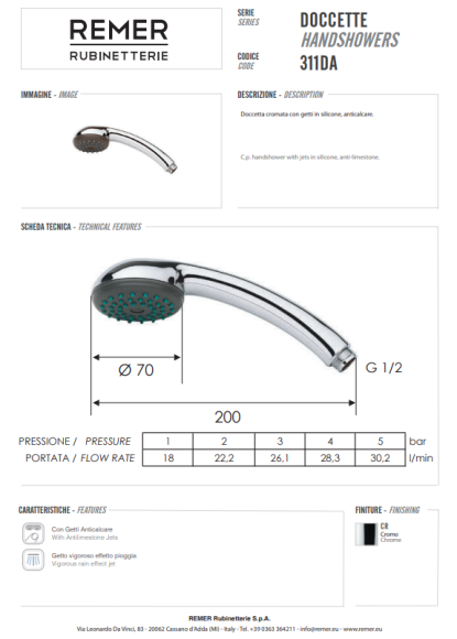 Remer Душевая лейка d70 мм 311DA, цвет: хром