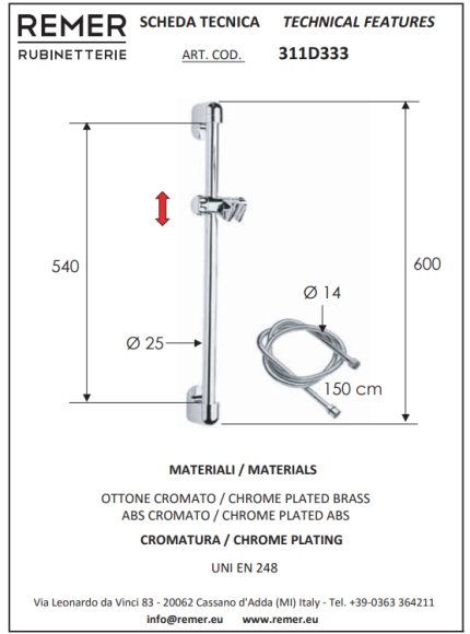 Remer Штанга для душа 311D333, цвет: хром Remer Штанга для душа 311D333, цвет: хром