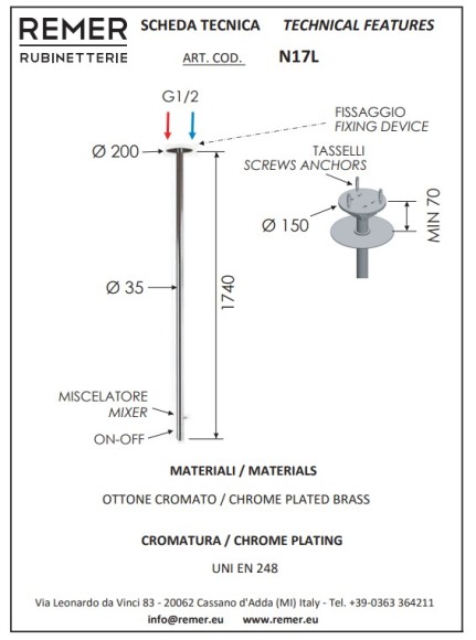 Remer Смеситель потолочный для раковины Minimal из хромированной латуни высота см. 181 цвет: никель арт. N17LXV