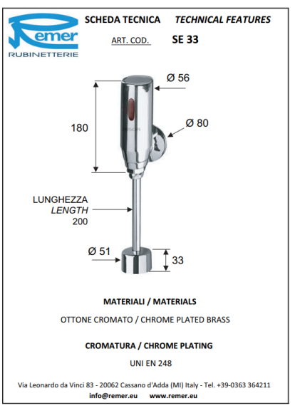 Remer Кран для писсуара сенсорный SE33 Remer Кран для писсуара сенсорный SE33