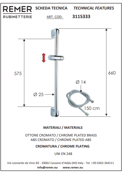 Remer Штанга для душа 311S333, цвет: хром