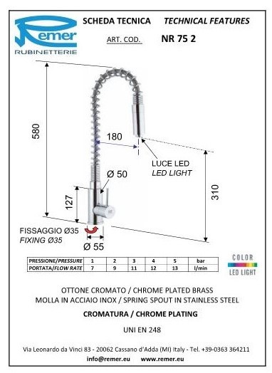 Remer Высокий смеситель для кухни с LED-подсветкой Minimal NR752 хром Remer Высокий смеситель для кухни с LED-подсветкой Minimal NR752 хром