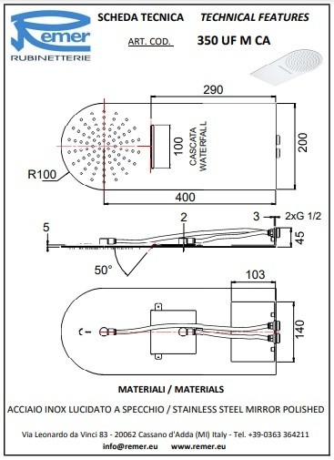 Remer Верхний душ с каскадным изливом 200*500 мм 350UFMCANOX цвет: черный