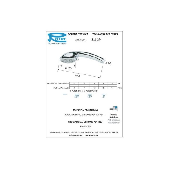 Remer Душевая лейка d75 мм 3112PX, цвет: хром