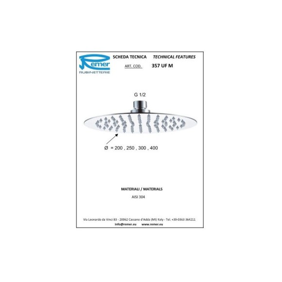 Remer Верхний душ d200 мм 357UFM20BOX цвет: белый