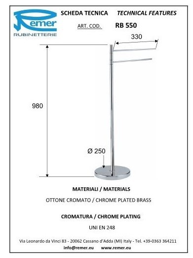 Remer Держатель для полотенца - стойка Universal RB550CR, цвет: хром