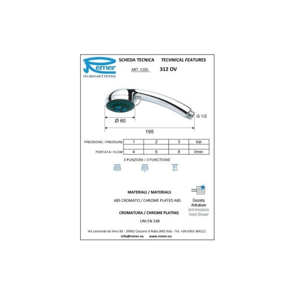 Remer Душевая лейка d60 мм 312OVX, цвет: хром