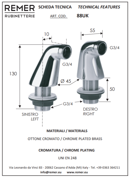 Remer Отвод для смесителя 88UK, цвет: хром Remer Отвод для смесителя 88UK, цвет: хром