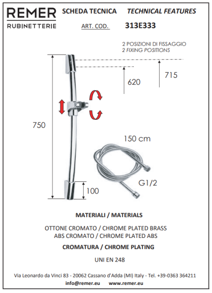 Remer Душевая штанга для душа 313E333, цвет: хром