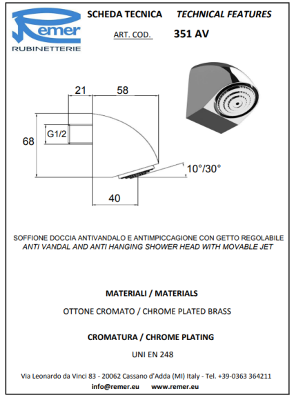 Remer Душевая головка 351AV, цвет: хром