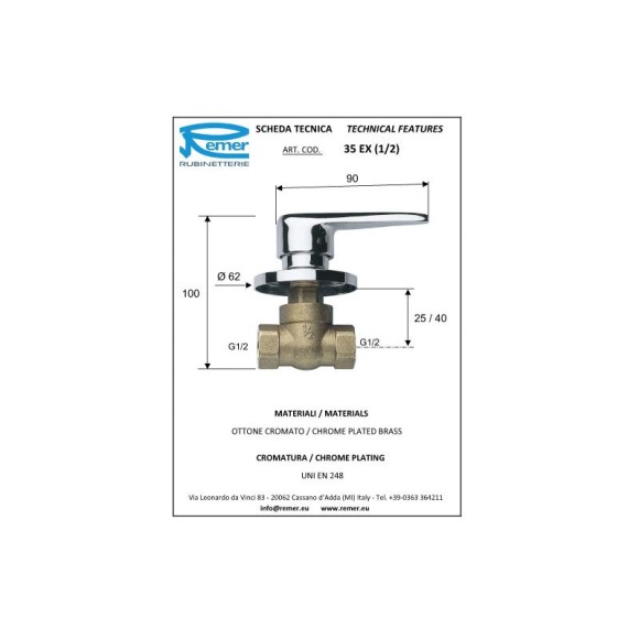 Remer Запорный кран скрытого монтажа 3512, цвет: хром Remer Запорный кран скрытого монтажа 3512, цвет: хром