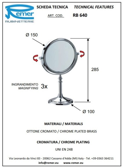 Remer Зеркало косметическое 150 мм Universal RB640CR, цвет: хром