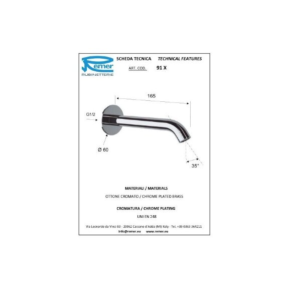 Remer Излив для наполнения ванны 160 мм X STYLE Inox SS91X, цвет: нержавеющая сталь Remer Излив для наполнения ванны 160 мм X STYLE Inox SS91X, цвет: нержавеющая сталь