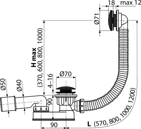 Alcaplast Сифон для ванны Click Clack, черный арт. A507BLACK-120
