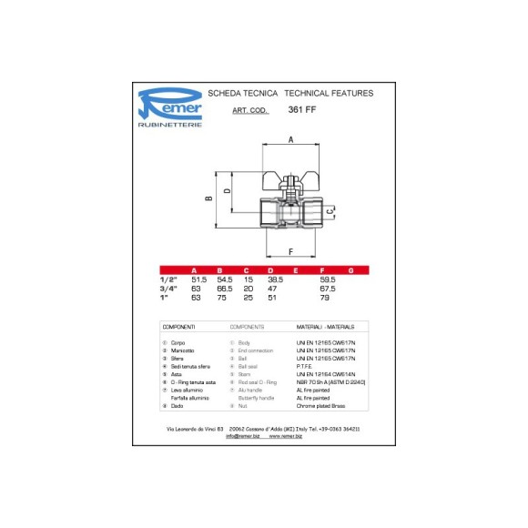 Remer Кран шаровой 1/2" RR361FF, цвет: никель