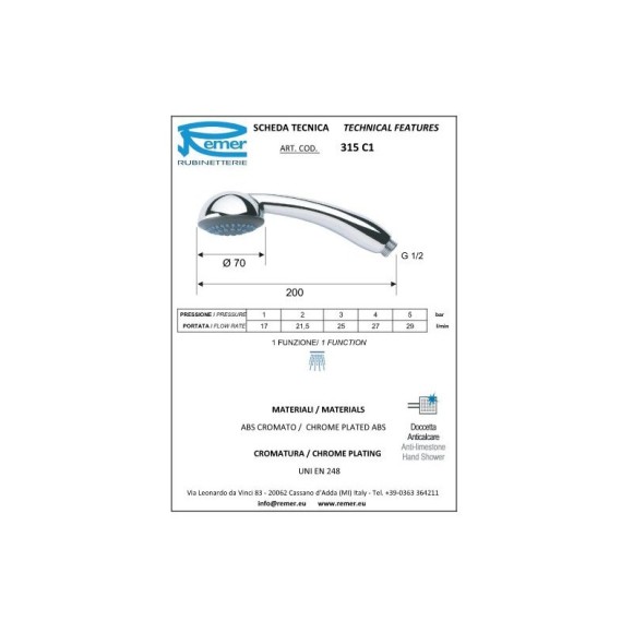 Remer Душевая лейка d70 мм 315C1X, цвет: хром