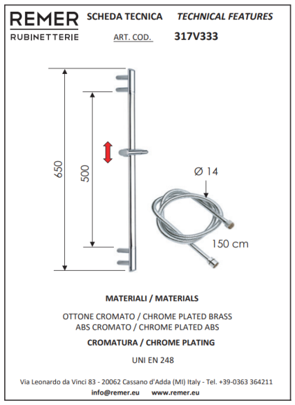Remer Душевая штанга 650 мм Infinity 317V333, цвет: хром Remer Душевая штанга 650 мм Infinity 317V333, цвет: хром