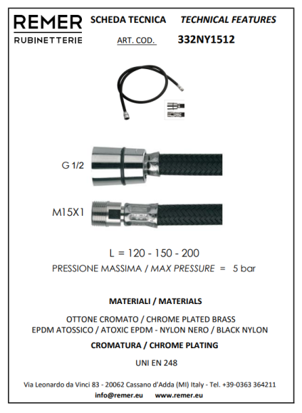 Remer Шланг для смесителя 200 см. 332NY1512200, цвет: черный
