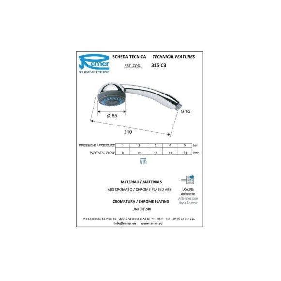 Remer Душевая лейка d65 мм 315C3X, цвет: хром Remer Душевая лейка d65 мм 315C3X, цвет: хром