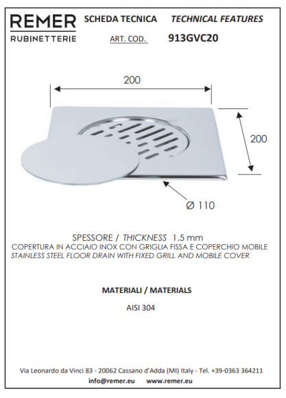 Remer Сливное отверстие в полу 913GVC20, цвет: хром