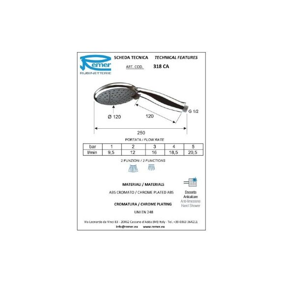 Remer Душевая лейка d120 мм 318CAX, цвет: хром Remer Душевая лейка d120 мм 318CAX, цвет: хром