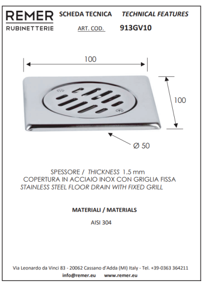 Remer Сливное отверстие в полу 913GV10, цвет: хром