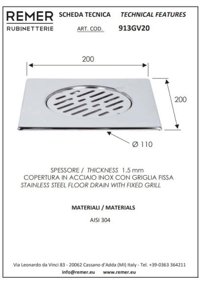 Remer Сливное отверстие в полу 913GV20, цвет: хром