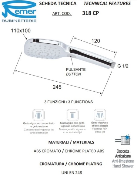 Remer Душевая лейка 318CPX, цвет: хром