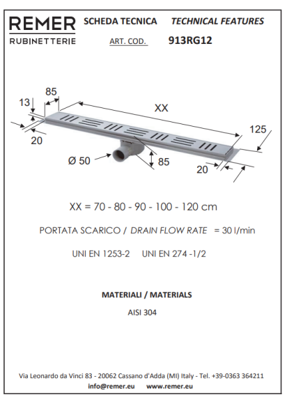 Remer Напольный желоб 120см 913RG12120, цвет: нержавеющая сталь