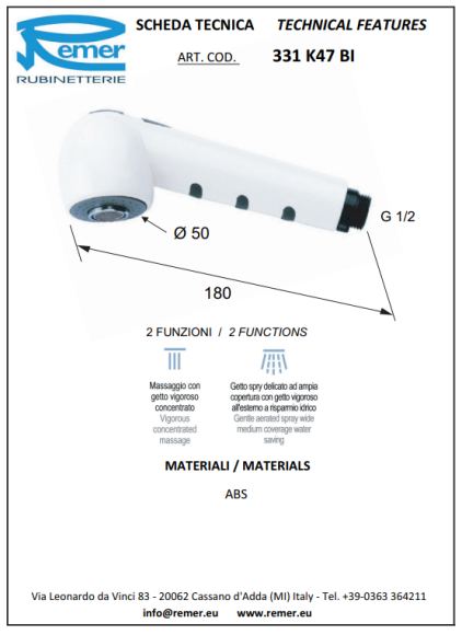 Remer Душевая лейка d50 мм 331K47BIX, цвет: белый