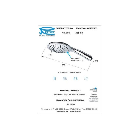 Remer Душевая лейка d120 мм 315P3X, цвет: хром